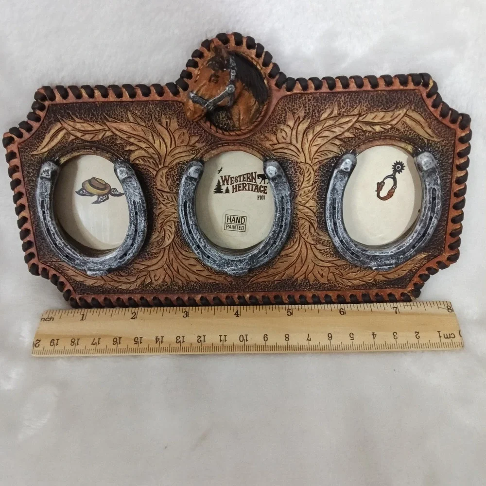 Western Heritage Figi Horse Horseshoe Triple Picture Frame Hand Painted Rustic